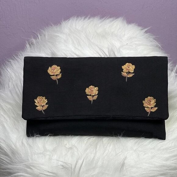 Vintage Black Hand Painted Gold Rose Evening Bag - Picture 1 of 5